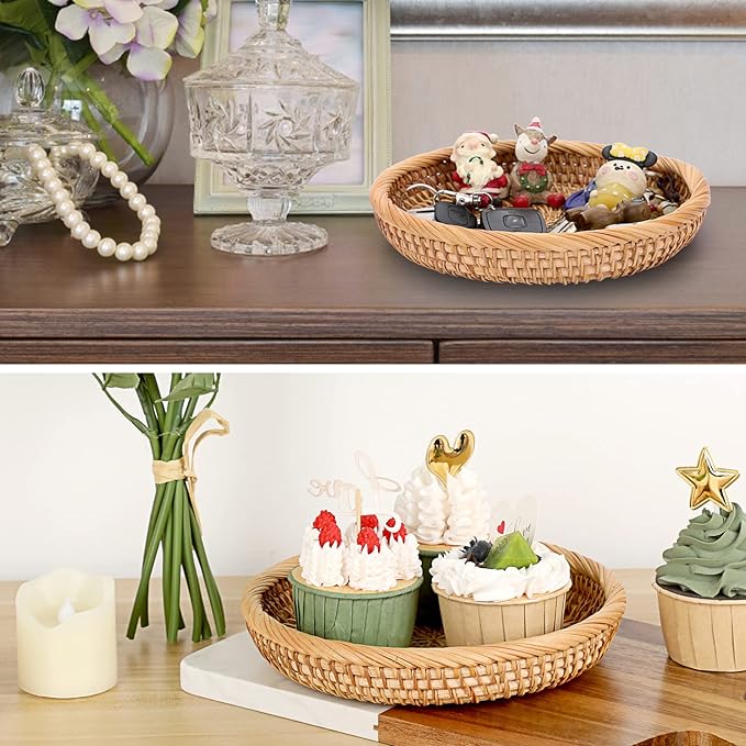 Hipiwe Set of 3 Key Basket Bowl for Entryway Woven Wicker Storage Basket Bowl Round Rattan Serving Basket Tray Fruit Snacks Candy Organizer Bowl for Keys Wallet Cell Phone Home Decor