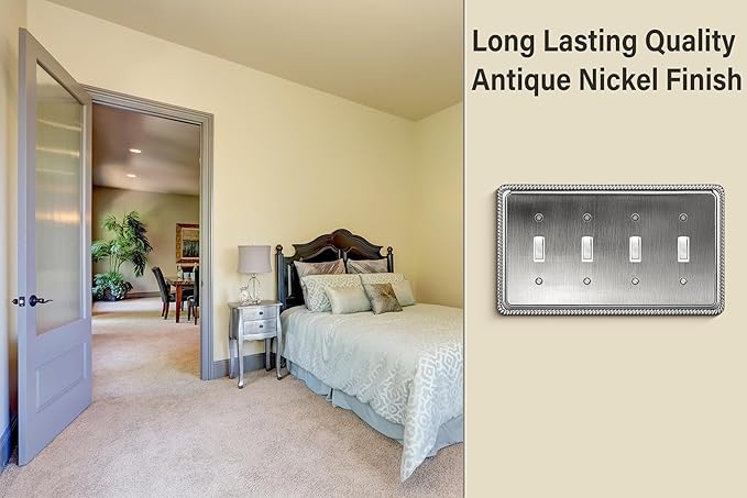 Henne Bery Rope Edge Decorative Wall Plate Switch Plate Outlet Cover (Quad Toggle, Heirloom Silver)