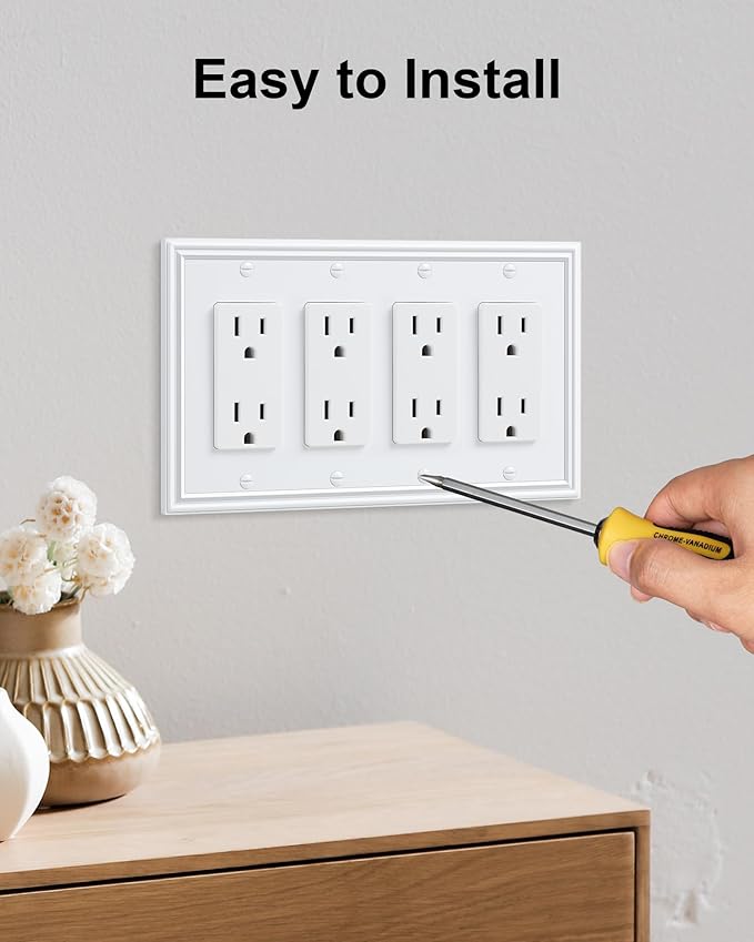 2-Pack Quad Decorator Outlet Cover Plate, Zinc Alloy Decorative Pure White Switch Plates and Outlet Covers, 4 Gang Wall Plates for Electrical Outlets, Receptacle, GFCI Outlet, Dimmer Switch