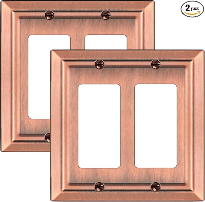 Metal Wall Plate for Electrical Outlets, Decorative Antique Copper Switch Plates Outlet Cover, Light Switch Cover Plate, 2-Gang Wall Plates (Double Decorator, 2 Pack)