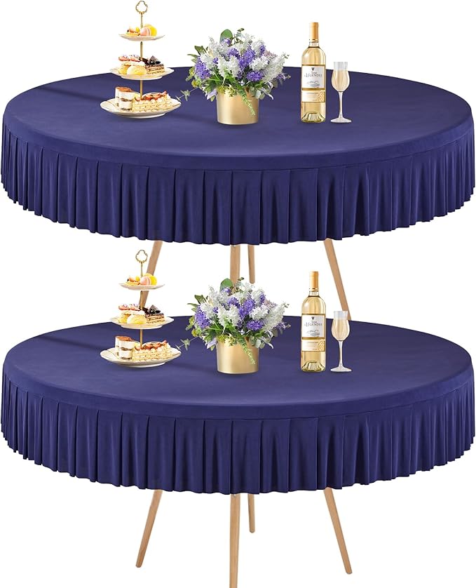 2 Pack Navy Blue Spandex Round Tablecloths for 72in Table, Stretchy Fitted 6FT Round Table Cloths, Wrinkle Free Table Cover with Skirt for Wedding Birthday Party Bridal Shower Banquet