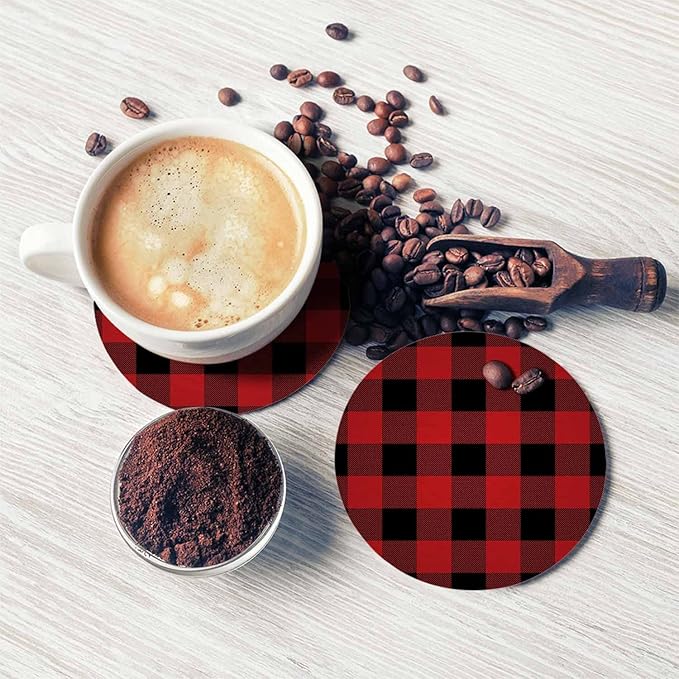 Lumberjack Plaid Pattern Coasters for Drinks 2 Pack Classic Black and Red Buffalo Plaid Tabletop Protection Kitchen and Coffee Table Décor & Accessories,Set of 2