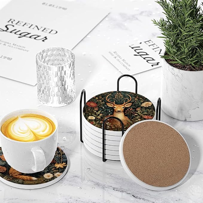 Drink Coasters for Drinks Set of 6, Vintage Botanical Floral Wild Animals Absorbent Round Ceramic Stone Mat Coaster, with Cork Base and Metal Holder, Home Bar Decor House Warming Gift