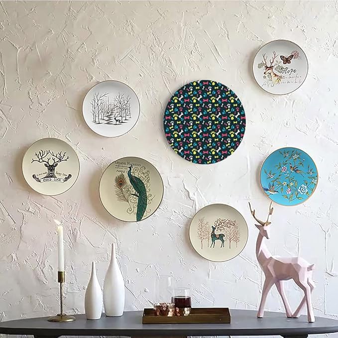 Decorative Plates, Dog Lover Print Ornament, Cool Canine Elements Paw Marks and Bones, 6 Inch, Kitchen Wall Decor, Multicolor