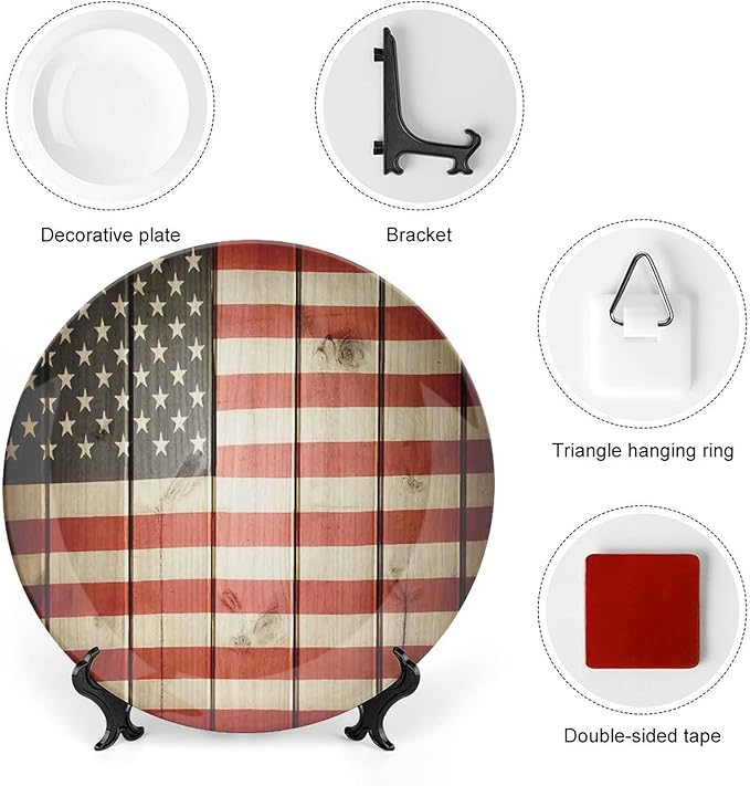 Ceramic Plates, American Flag Decor Decorative Ceramic Plates, USA Flag Over Vertical Striped Wooden Board, 8 Inch, for Dining, Parties, Wedding, Blue Red