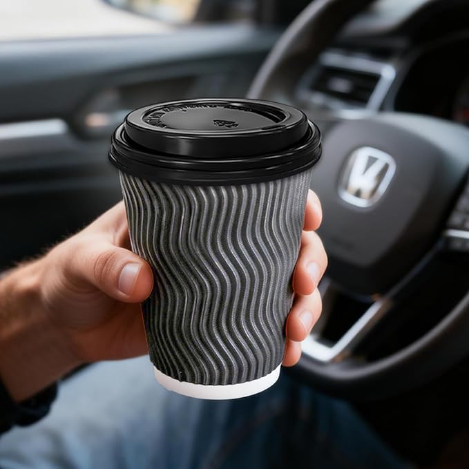 100 Pack 10 oz Coffee Cups with Lids, Disposable Insulated Hot Cups To Go Paper Coffee Cups, Corrugated Ripple Wall Cup for Hot Drink, Office, Coffee Bar (Grey 10 oz)