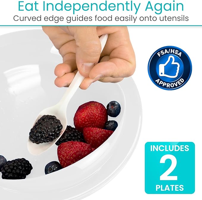 Vive Spill-Proof Scoop Plate, 9" (2 Pack) - Dish with Wall for Disabled, Handicapped, Elderly Adults with Special Needs from Parkinsons, Dementia, Stroke, Tremors with - Non Skid Padded Bottom