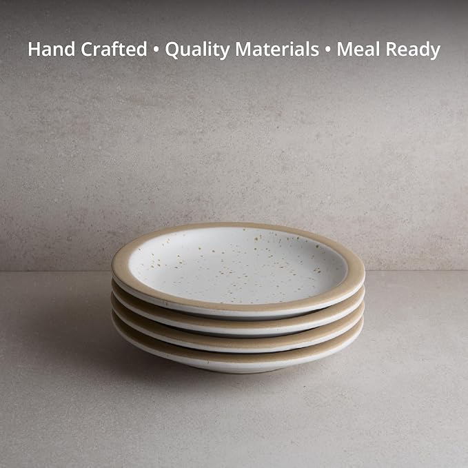 Goodies White & Brown Rimmed Appetizer Plates (Set of 4), Handmade Ceramic, Glazed, Dishwasher Safe, Microwave Safe, Durable, Easy-to-Clean, Stackable, 7.5 Inch