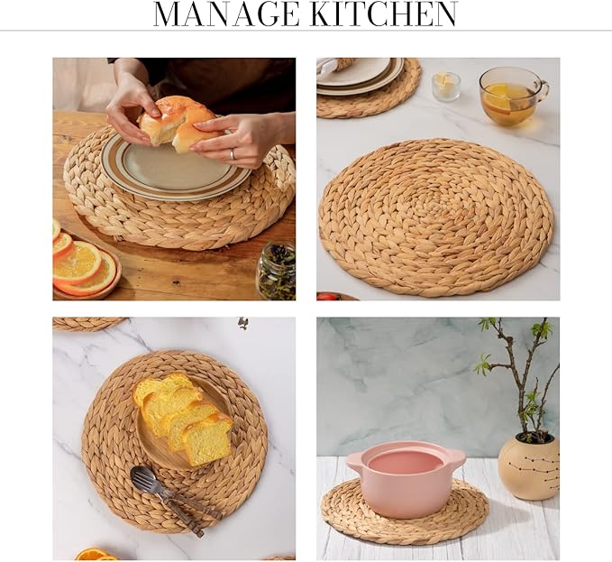 13.8" Set of 4 Round Water Hyacinth Placemats | Boho Woven Rattan Table Mats | Farmhouse Wicker Spring Plate Chargers Like Corn Husk, Seagrass for Wedding, Party, Christmas, Events
