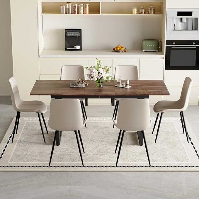 Extendable Dining Table Set for 6, 55"–71" Modern Wood Kitchen Table with 6 Upholstered Chairs, Space-Saving for Living Room Apartment, Sturdy & Comfortable, Easy Assembly