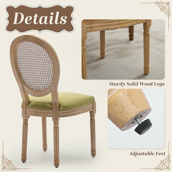SoarFlash French Dining Chairs Set of 2, Vantage Dining Chair with Round Back, Wood Leg Farmhouse Country Rattan Dining Chair for Kitchen,Bedroom,Olive Green