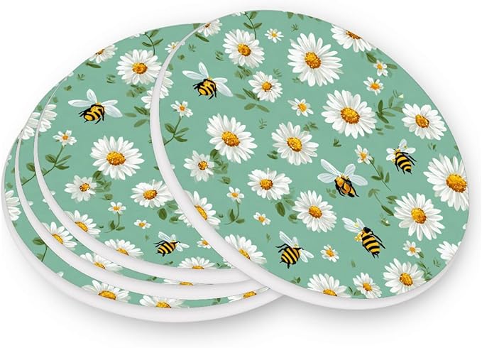 Coasters for Drinks Coaster Drink Set Decorative Coffee Table Desk Cup Mat Spring Cute Cork Bar Backing Round Home Decor Mint Green Daisy Flowers and Bees25