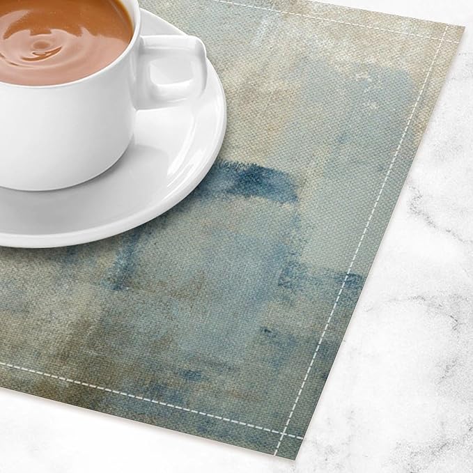 Gradient Placemat Set, Modern Minimal Fashion Abstract Beige Brown Blue Art Oil Painting Brush Strokes Patchwork Pattern Home Decor Linen Table Mats for Dining Room Kitchen Party (17x12in) x2P
