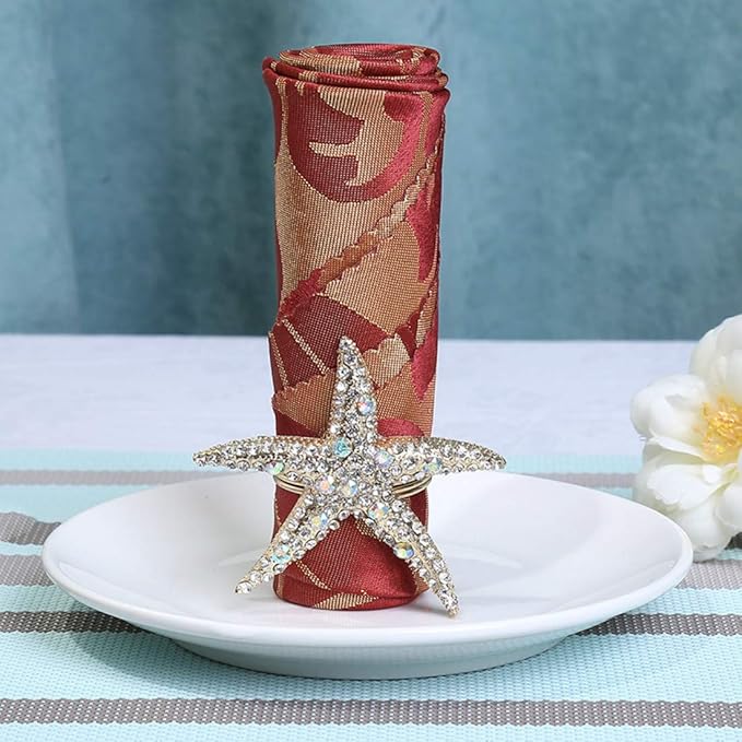 Crystal Starfish Napkin Rings - Rhinestone Coastal Nautical Napkin Ring Holders for Wedding Party, Beach/OceanTheme Dining Table Decoration Accessories (6)