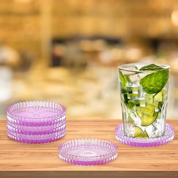 JUXYES 5 Pack Clear Purple Crystal Coasters Round Cup Mat, Glass Coasters for Drinks Coffee Tea Wine, Decorative Wine Bottle Coaster, Crystal Drink Coasters for Restaurant bar Kitchen Dining Table