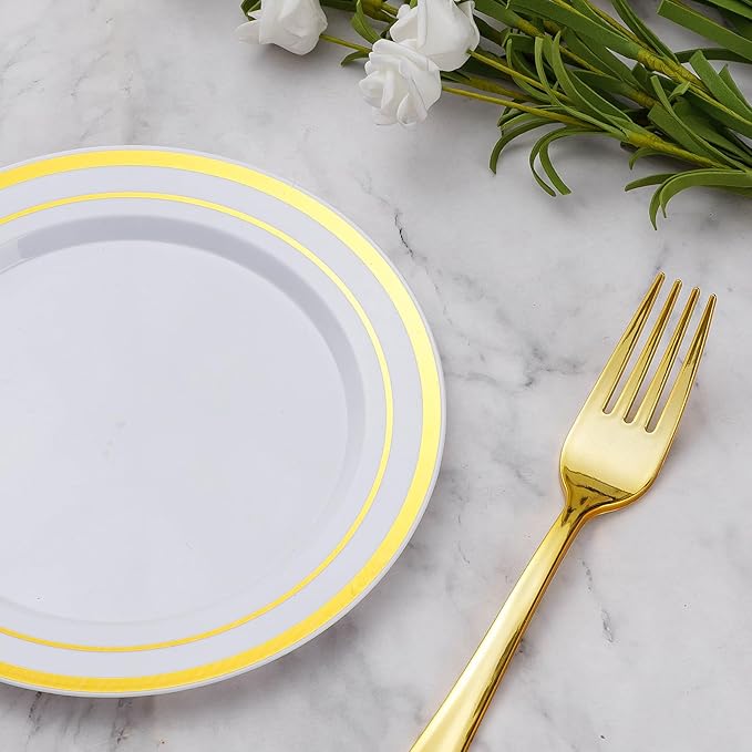 Goodluck 240PCS 7" Gold Dessert Plastic Plates with 7.4" Forks, Gold Appetizer Plates for 120 Guests, Including 120 Disposable Cake Plastic Plates and 120 Forks for Wedding/Birthday/Christmas Party