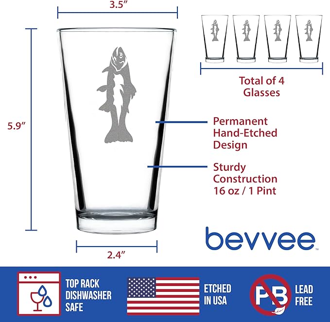Bevvee Trout - Pint Glass for Beer - Trout Fishing Gifts for Fisherman - Fun Fish Cups & Lake House Decor - Set of 4-16 oz