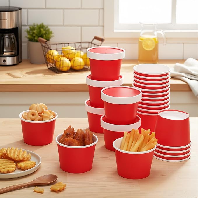 Fulmoon 100 Pack Paper Soup Containers with Lids Disposable Paper Food Containers with Vented Lid Kraft Ice Cream Cake Dessert Cups Soup Bowl for Party Hot Food Fruit Microwave(8 oz,Red)