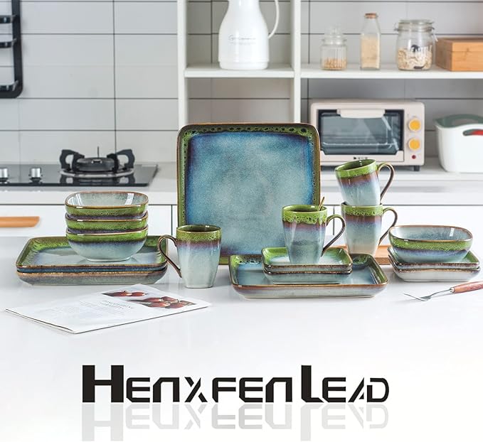 HENXFEN LEAD Small Square Ceramic Plates 6.3 Inch – Dessert, Appetizer & Snack Plates Microwave & Dishwasher Safe – Set of 4, Reactive Glaze Green
