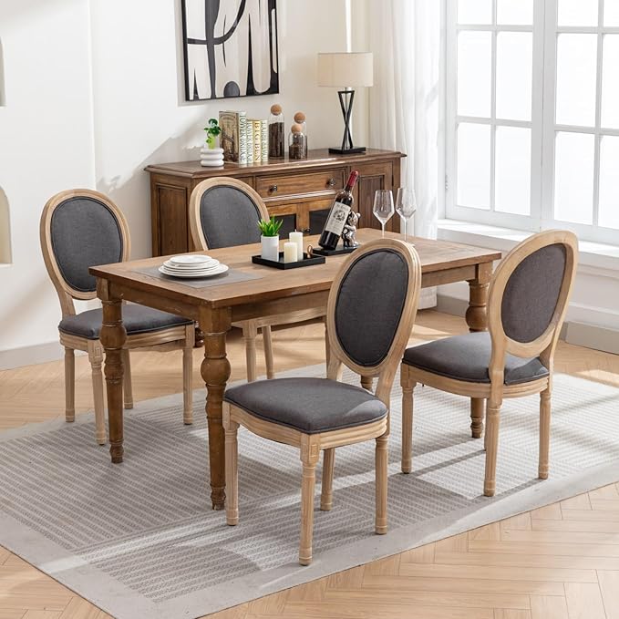 Vintage French Dining Chairs Set of 6, Round Back Accent Chairs with Linen Seat and Solid Wood Frame, Farmhouse Sillas de Comedor Upholstered for Dining Room & Kitchen, Gray