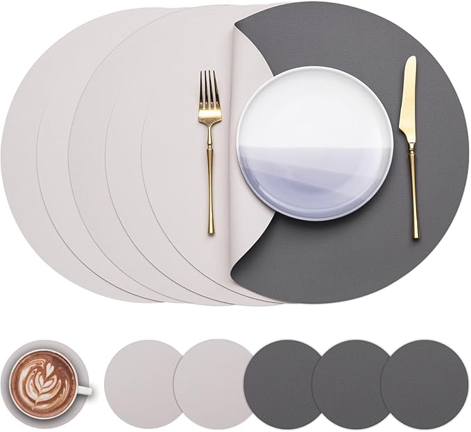 Myir JUN Round Placemats Set of 6 Faux Leather Place Mats and Coasters 15 inch Round Table Mats Dual Sided Non-Slip Stain Resistant Placemats (Gray & Beige, Set of 6)