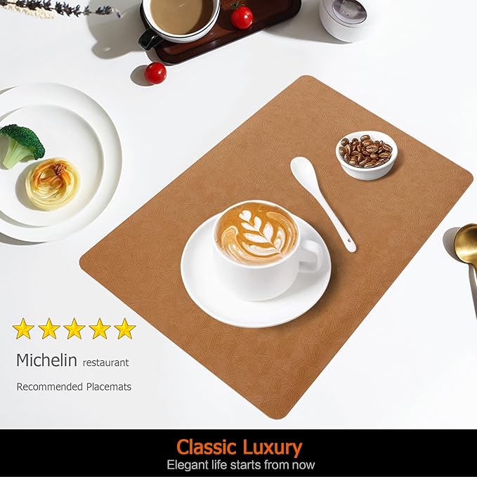 Vinyl Placemats Set of 8 Faux Leather 100% Waterproof Wipeable Washable Place Mats Heat Resistant Easy Clean Non-Slip Table Mats for Indoor Outdoor. (8, Brown)