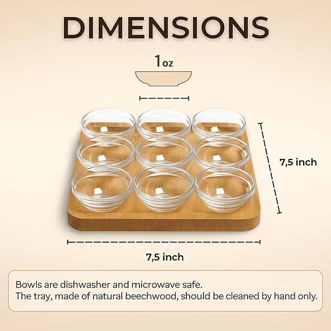 JO! Small Glass Bowl Set with Serving Tray - Set of 9 Mini Glass Bowls (1 oz) with Wooden Tray - Dishwasher & Microwave Safe - Ideal for Party, Snacks, Dipping Sauce, Charcuterie Board and Condiment