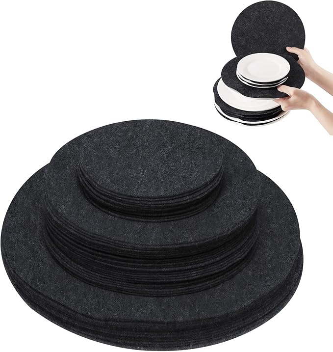 96 Pack Felt Plate Dividers Protectors, Thick Felt Round Plate Separators Pads China Dish Storage Protectors Pads with 3 Sizes for Packing Stacking Porcelain Cookware, Black