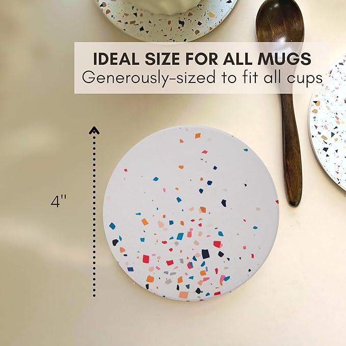 Terrazzo Coasters Set of 6, Ceramic Absorbent Drink Coasters, Cute Moisture Absorbing Coaster, Coffee Table Desk Decor, Colorful Stone Coaster for Drinks (Color Burst)