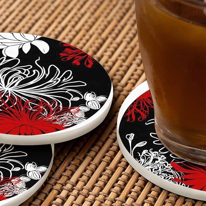 Chrysanthemum Flower Drink Coasters Modern Monochrome Peonies Spring Floral Blossom Housewarming Presentss for New Home Present for Friends,2 Pcs,4 X 4 X 0.35 Inches