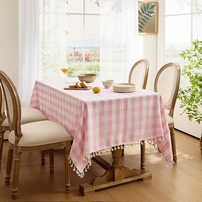 Softalker Valentines Pink Gingham Tablecloth Square, Outdoor Linen Cotton Checkered Table Cloth with Tassel, Heavy Duty Wrinkle Free Plaid Table Cover for Easter Dining Spring Party - 55 x 55 Inch