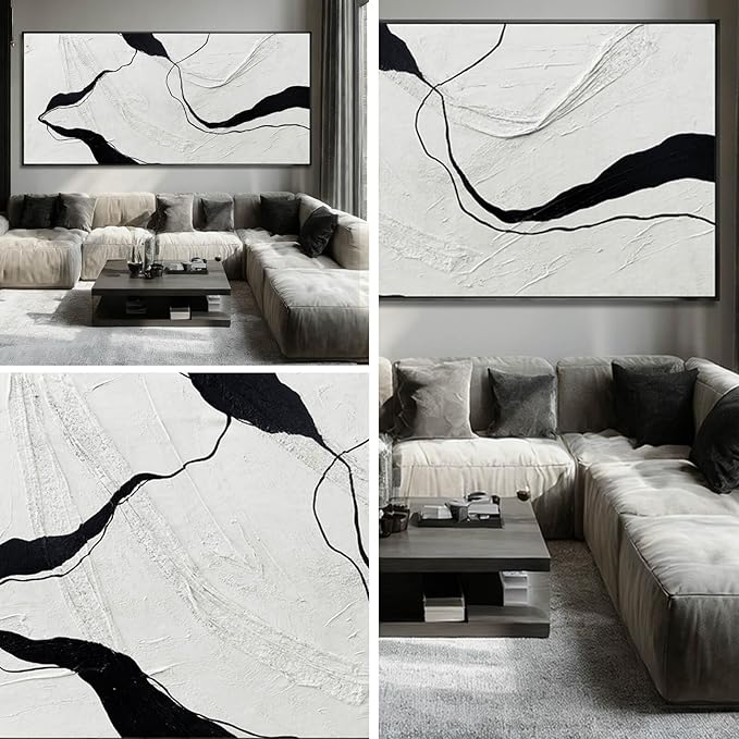 Extra Large Black Line Abstract Hand Painted Canvas Wall Art Gray and Black Minimalist Modern Painting with Framed for Living Room Bedroom Office Wall Decor 40x88 Inch