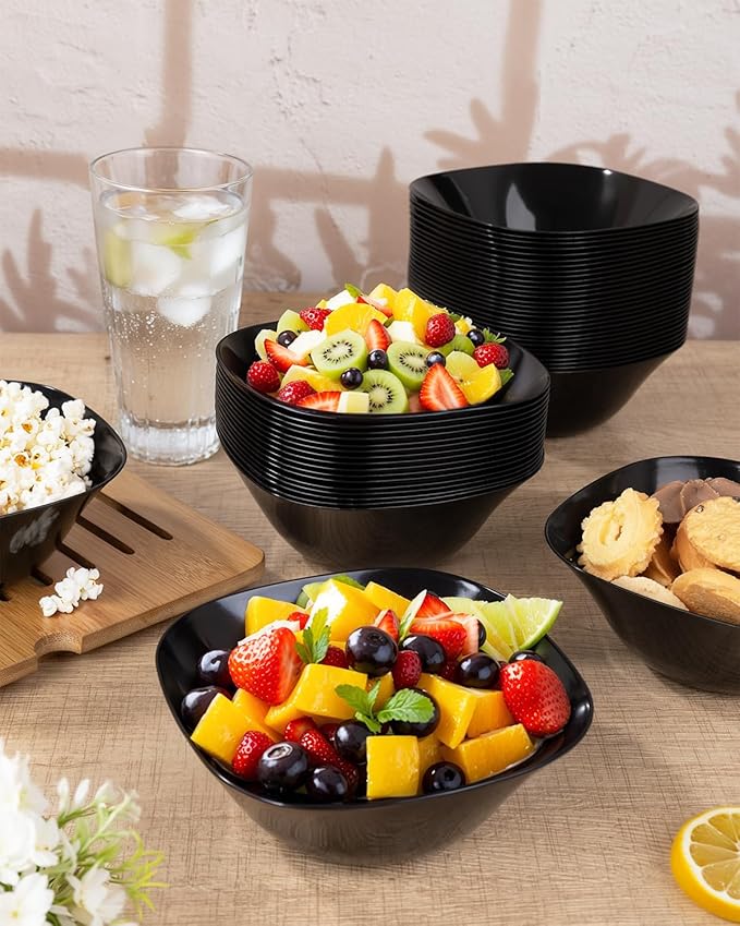 bUCLA 50Pack Black Plastic Serving Bowls - 16oz Disposable Serving Bowls for Dessert/Ice Cream/Salsa/Snack/Candy, Ideal for Party & New Year