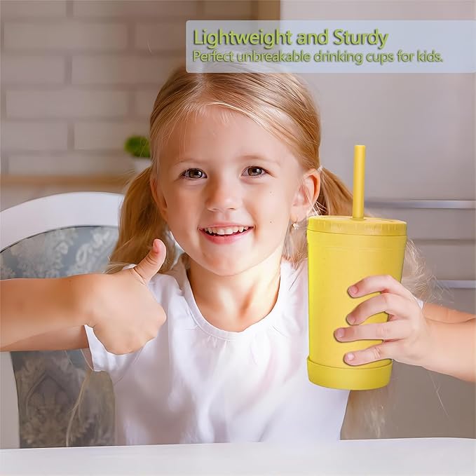 Homestockplus Wheat Straw Cups with Lids and Silicone Straws, 10 Oz Chip Resistant Dishwasher/Microwave Safe, Toddler Cups Built In Straw Stoppers, Smoothies Cup +Straw Cleaner
