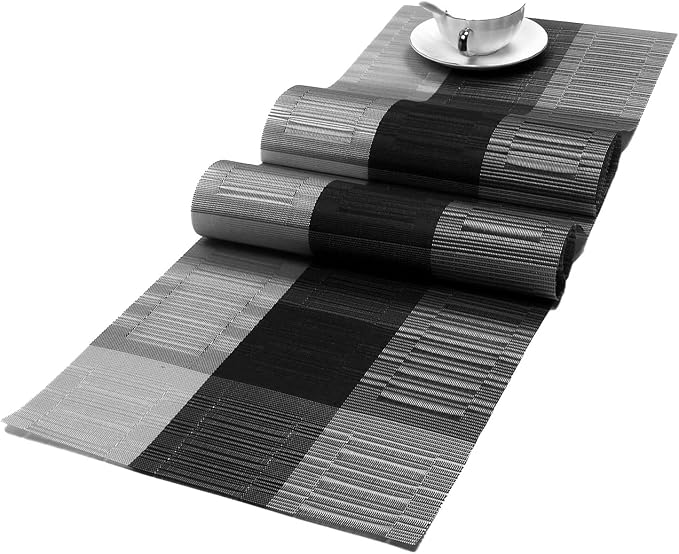 SHACOS Woven Vinyl Table Runners PVC Table Runners 12 x 36 inch Wipe Clean Reversible Plastic Weave Tabletop Counter Decor Mats Indoor Outdoor, Ombre Black and Gray