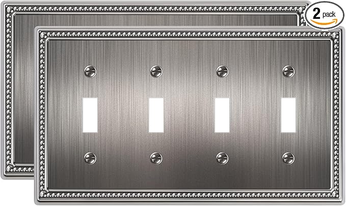 2-Pack Quad Toggle Light Switch Cover Plate, 4 Gang Metal Switch Plate Covers, Antique Silver Pearls Decorative Wall Plate, Corrosion Resistant