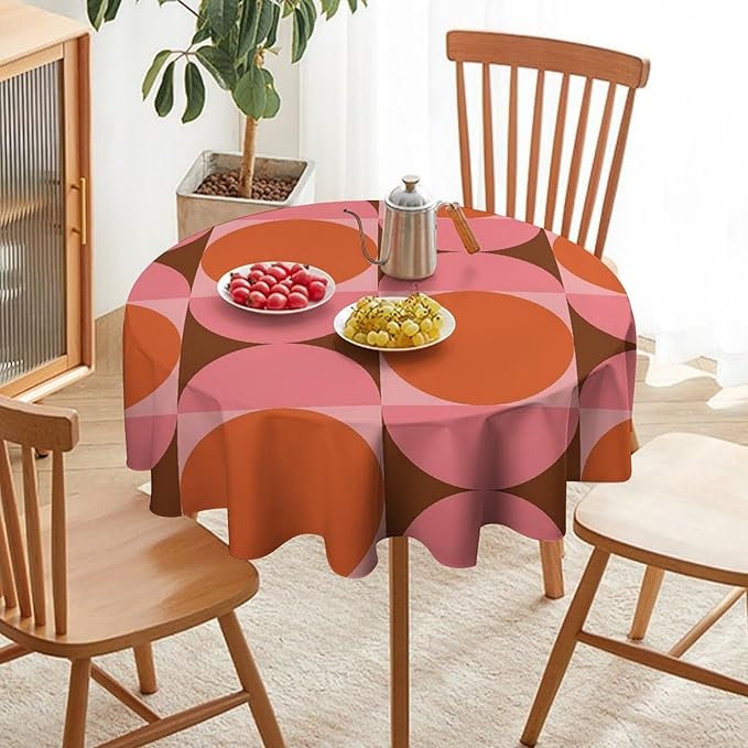 Mid Century Round Tablecloth, Abstract Retro 50s 60s Style Geometric Print Tablecloth for Home Party Dining Room Kitchen Decorm 50Inch(127cm)