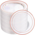 bUCLA 100PCS Clear Rose Gold Plastic Plates Disposable - Heavy Duty 6.25 Inch Clear Plastic Dessert Plates with Rose Gold Trim - Ideal for Party, Wedding & Valentines Day