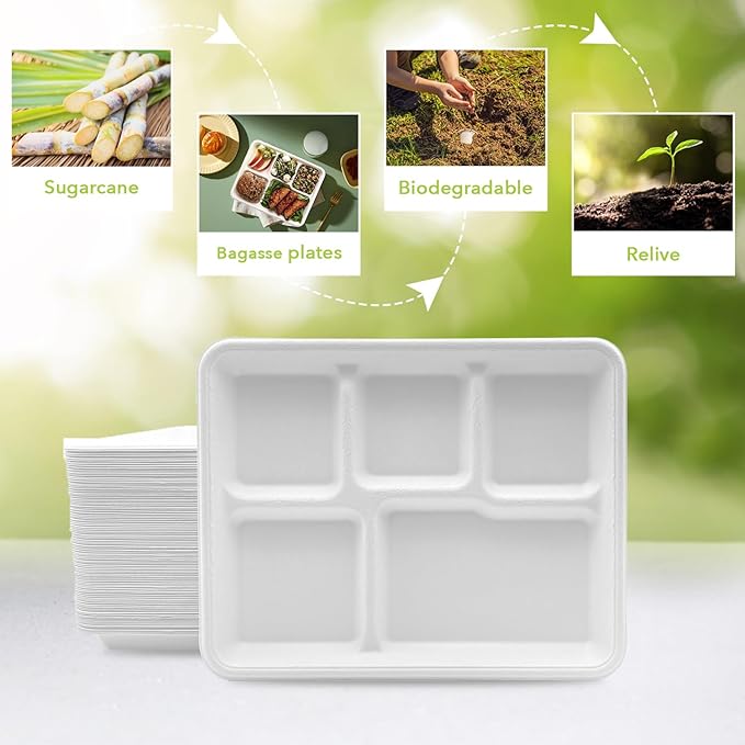 three leaf 5 COMPARTMENT BAGASSE (SCHOOL) TRAY 50 Ct. Heavy-Duty- Super Strong- Natural- Eco-Friendly Disposable Bagasse Plates, 100% Biodegradable 5 Compartment meal Plates