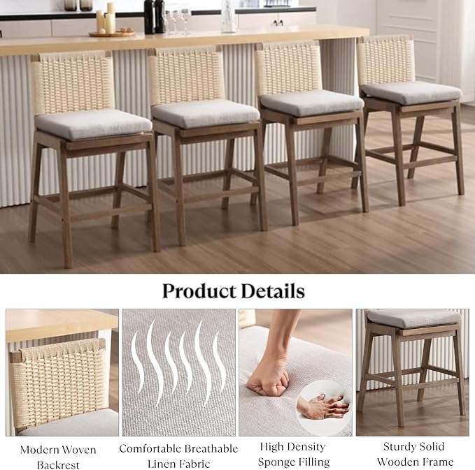 Mid Century Modern Counter Height Barstools Set of 6, 27” Linen Upholstered Counter Stools with Rope Woven Back Wooden Farmhouse Bar Stools for Kitchen Island Dining Room,Grey