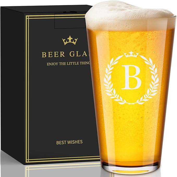 Personalized Beer Glasses Gifts for Men, 16 oz Pint Glasses Monogrammed A-Z Drinking Glass Cups Customized Gift, Unique Christmas Anniversary Birthday Gifts for Men Him Dad Brother Husband Grandpa (B)