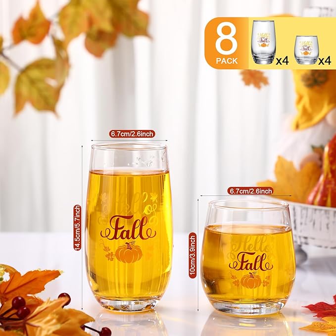8 Pcs Autumn Wine Glasses Drinkware 4 Glass Cups 16 oz & 4 Short Stemless Wine Glasses 11oz Wine Glass Autumn Party Gift for Autumn Party Women Home Decor Gifts