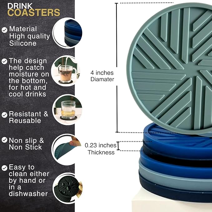 Silicone Coasters Set of 6 - with Holder - Smart and Modern Patterns That Holds Your Drink’s condensations, Protecting Your Coffee Table, Decor for Home, Office, bar