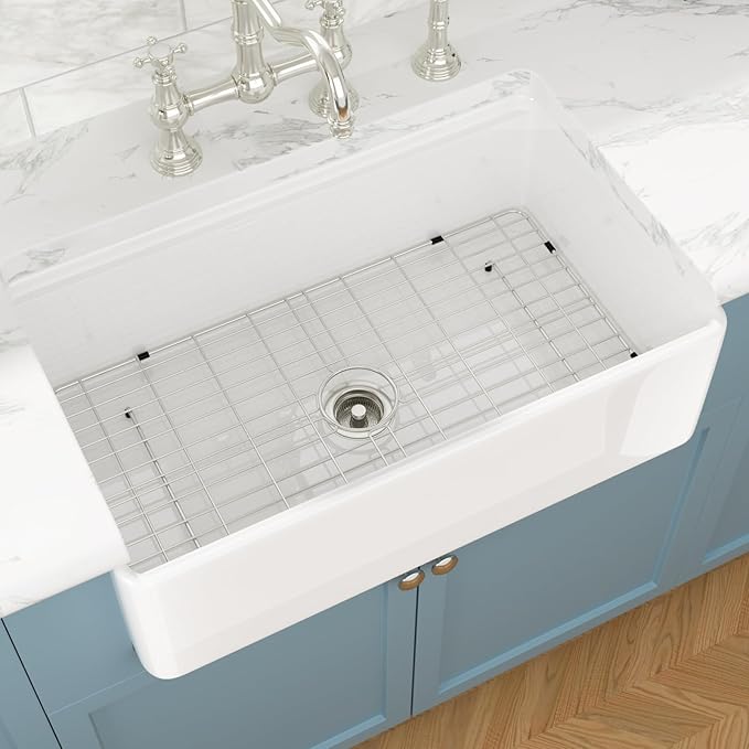 Sarlai 33 White Farmhouse Kitchen Sink - 33x20 Inch Farm Kitchen Sink Ledge Workstation White Ceramic Porcelain Fireclay Farmer Sinks 10" Inch Deep Single Bowl Basin with Assesory Kit