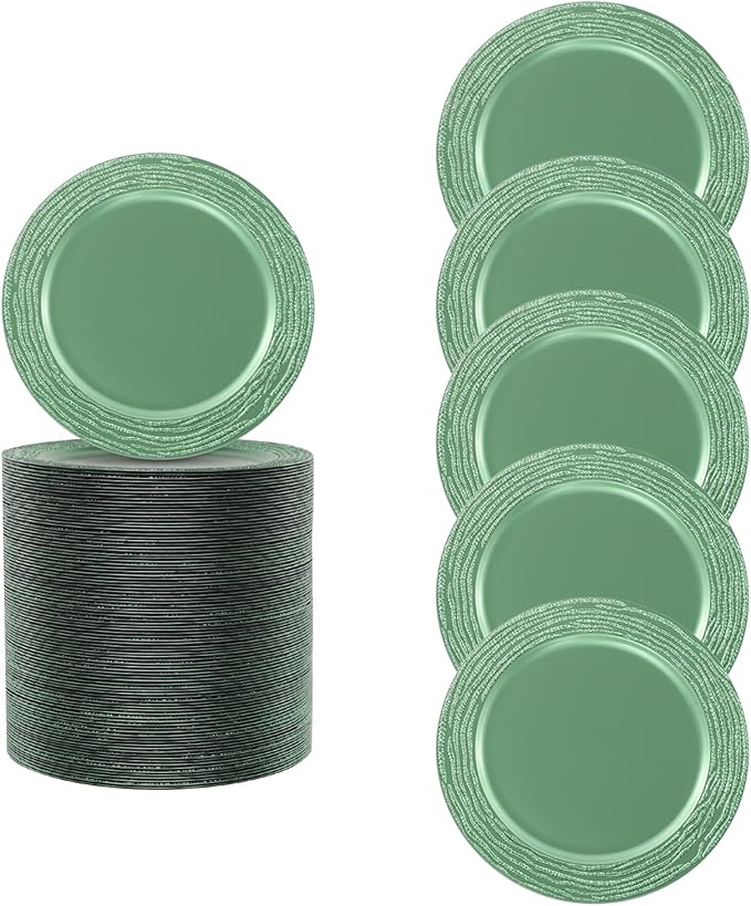 100 PCS Antique Charger Plates Bulk, 13 Inch Round Textured Edge Plastic Dinner Chargers, Bulk Plastic Charger Plates Set for Wedding, Party, Table Decor (Green)