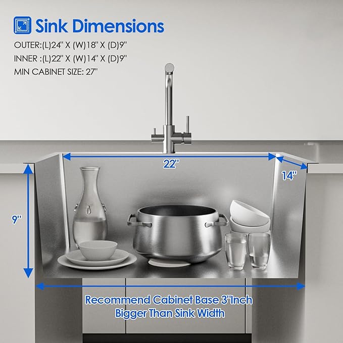 Kitchen Sink, 24x18 Inch Drop in Sink, Commercial Grade 304 Stainless Steel Kitchen Sink, Centre-Offset Drain, 9" Deep Single Bowl Kitchen Sinks, Brushed(Inclued Drain Strainer & Bottom Grid)
