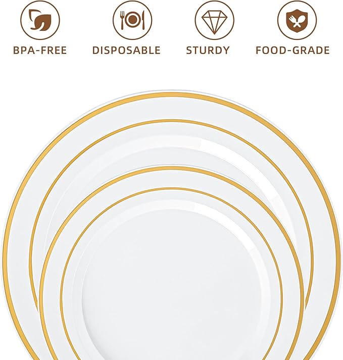 200PCS White Plastic Plates with Gold Rim, Disposable Heavy Duty Plastic Plate, 100 Dinner and 100 Dessert Plates for Party and Wedding