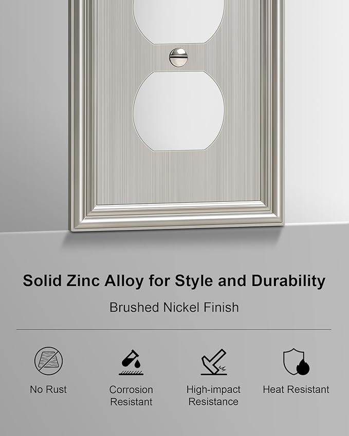 4-Pack Duplex Outlet Cover, Durable Solid Zinc Alloy Decorative Switch Plates and Outlet Covers, Brushed Nickel Wall Plates for Electrical Outlet, 1 Gang Receptacle Cover, Corrosion Resistant