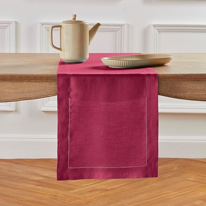 Solino Home Linen Table Runner 60 Inches - 100% Pure Linen Beet Hemstitch Table Runner 14 x 60 Inch Ideal for Dresser and Coffee Tables - Valentines, Easter, Winter - Classic Hemstitch