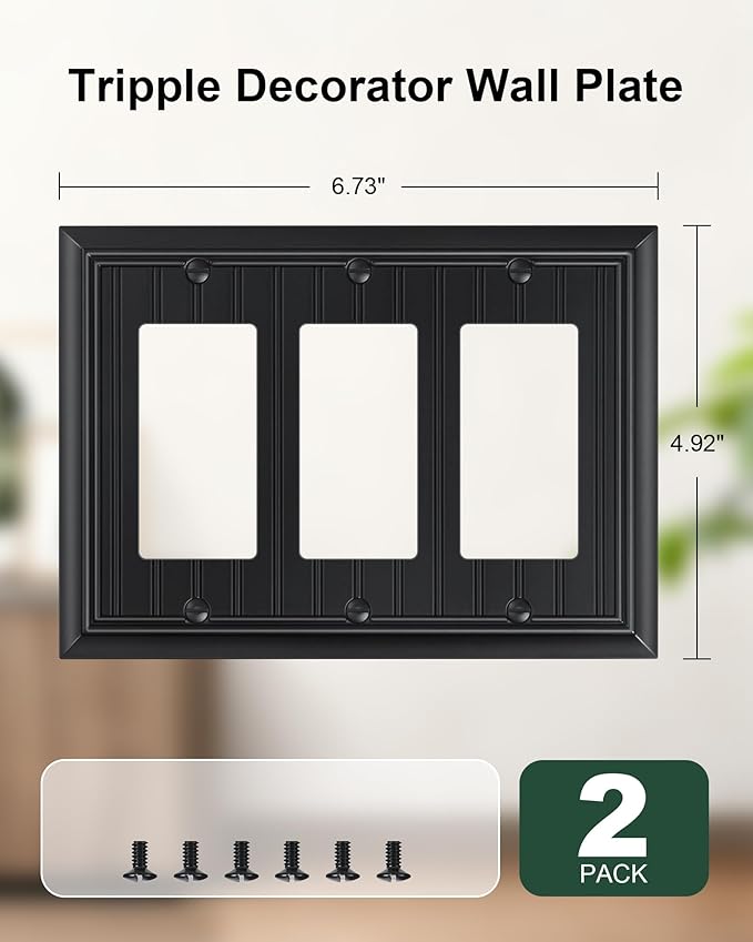 2-Pack Classic Beadboard Decorative Tripple Decorator Outlet Cover Plate, Durable Natural Bamboo Fiber Matte Black Wall Plates for Electrical Outlets, Receptacle, GFCI Outlet, Dimmer Switch, 3-Gang